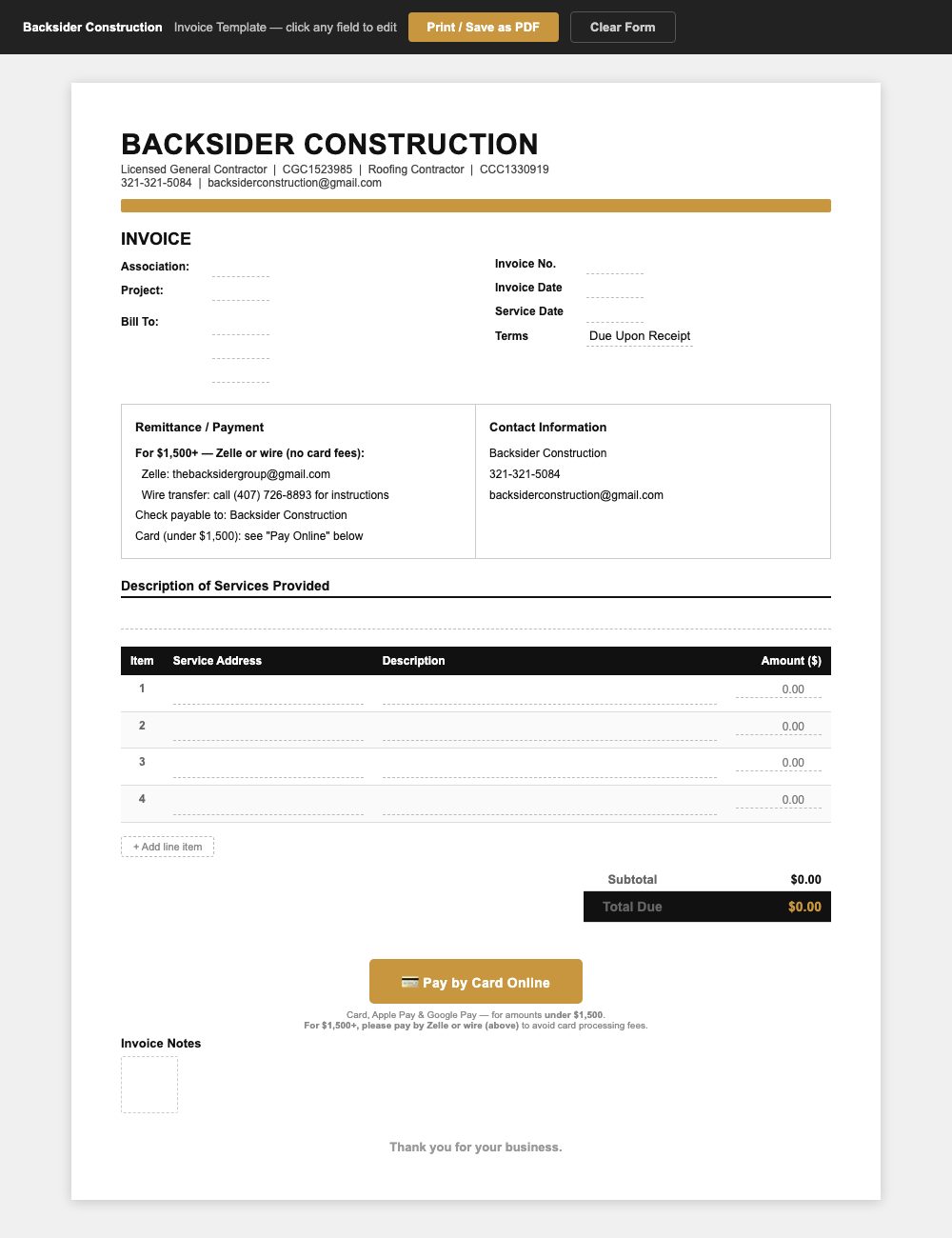 Prepare an invoice from the field.